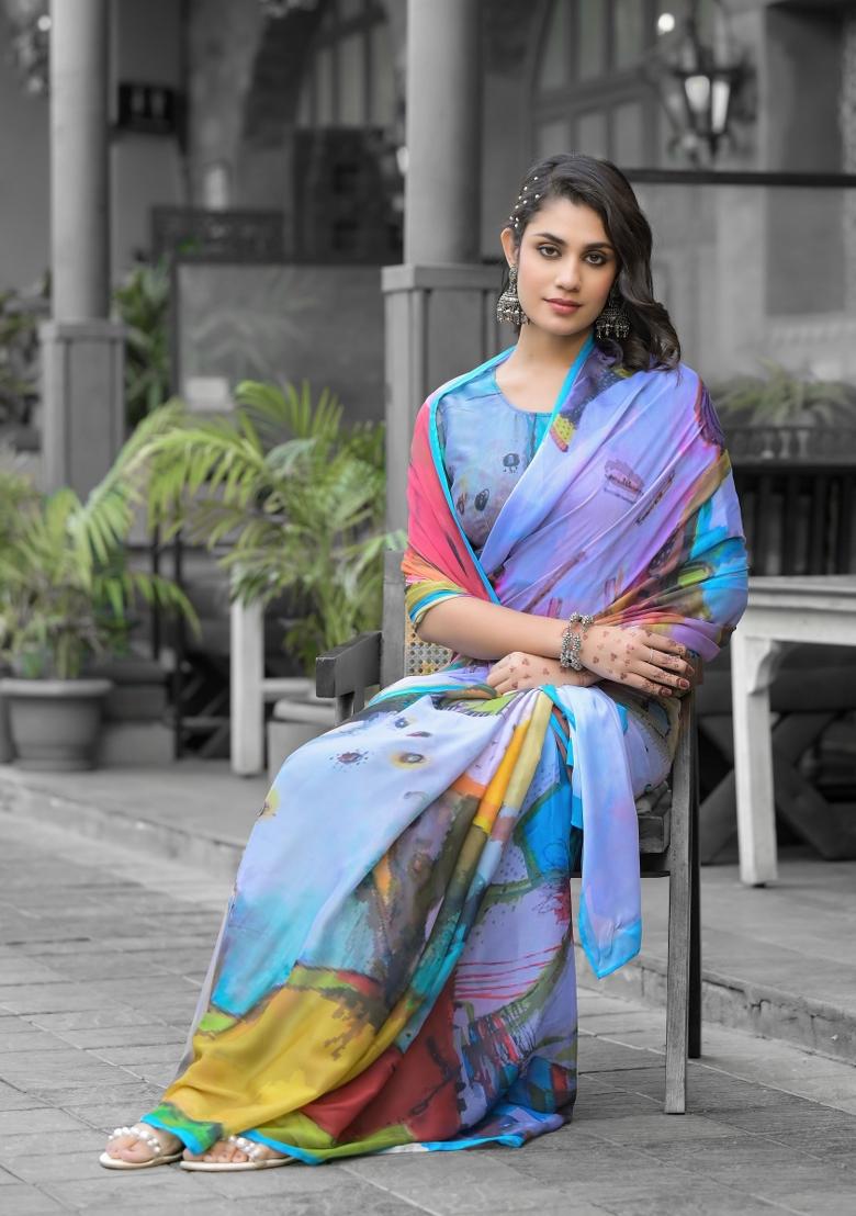 Multicolor Abstract Print Georgette Saree Set