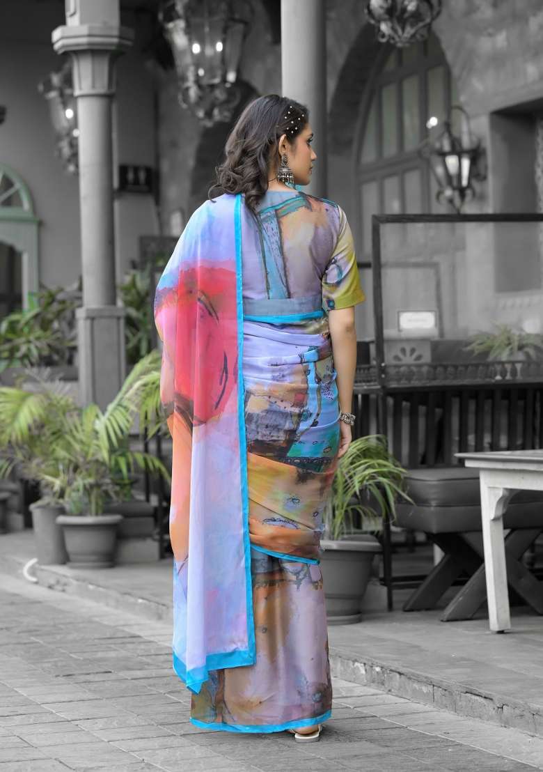 Multicolor Abstract Print Georgette Saree Set - Indya