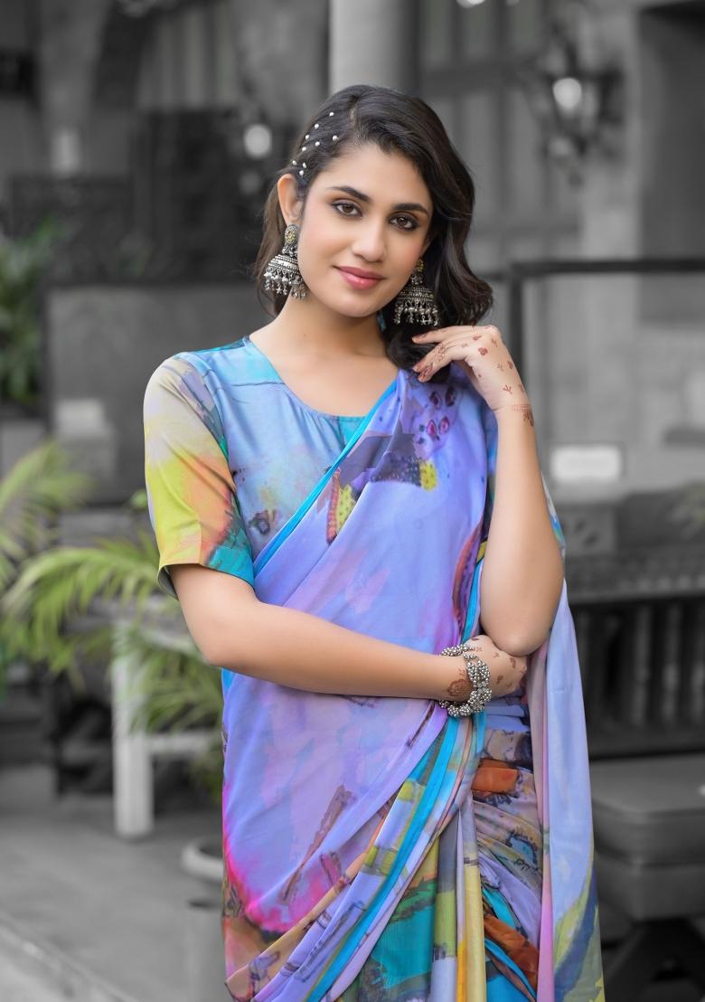 Multicolor Abstract Print Georgette Saree Set