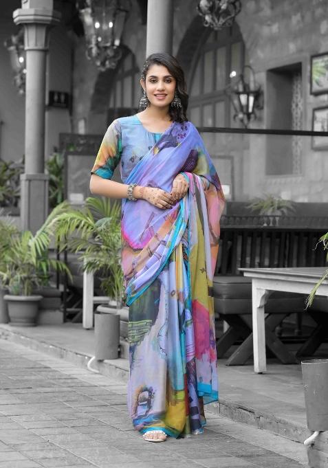 Multicolor Abstract Print Georgette Saree Set