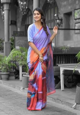 Multicolor Abstract Print Georgette Saree Set