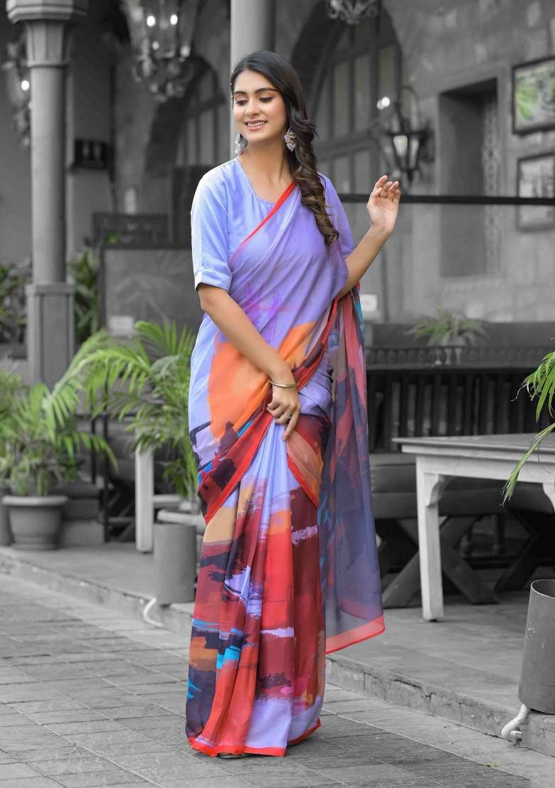 Multicolor Abstract Print Georgette Saree Set - Indya