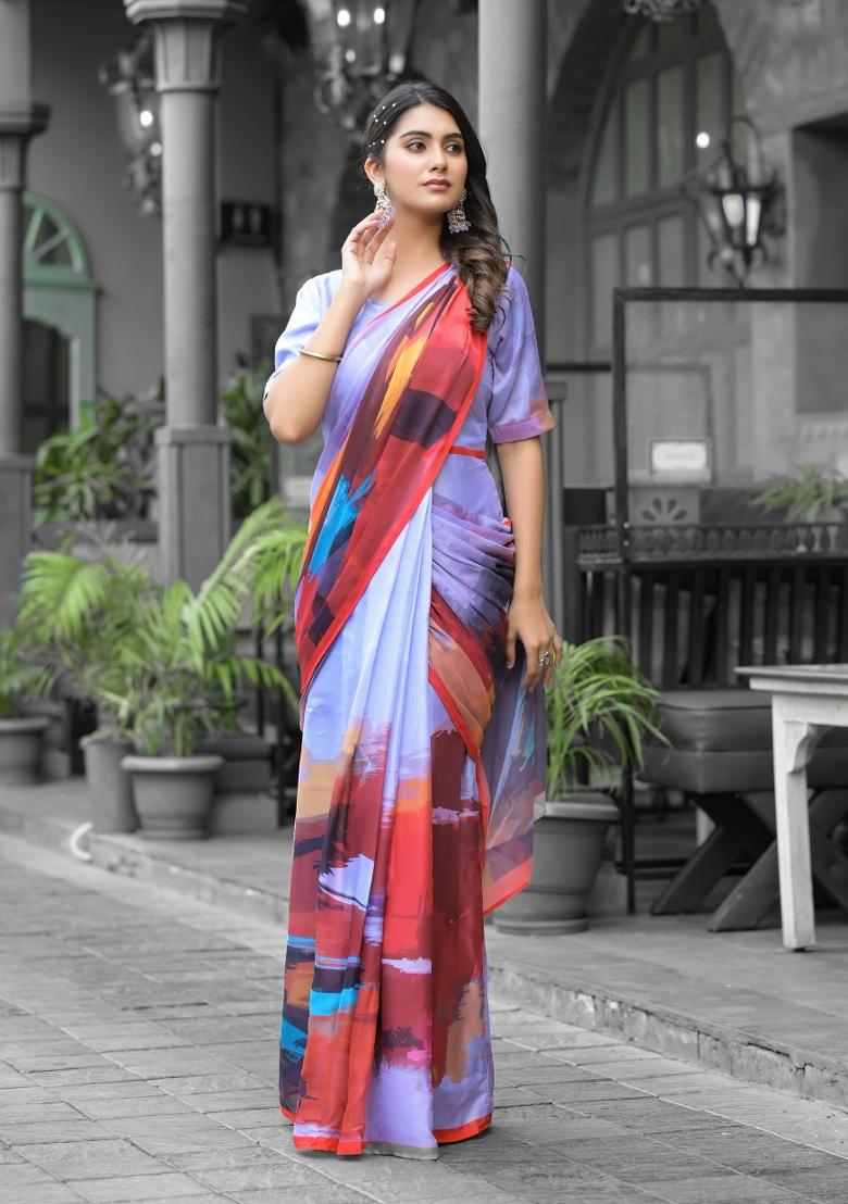 Multicolor Abstract Print Georgette Saree Set