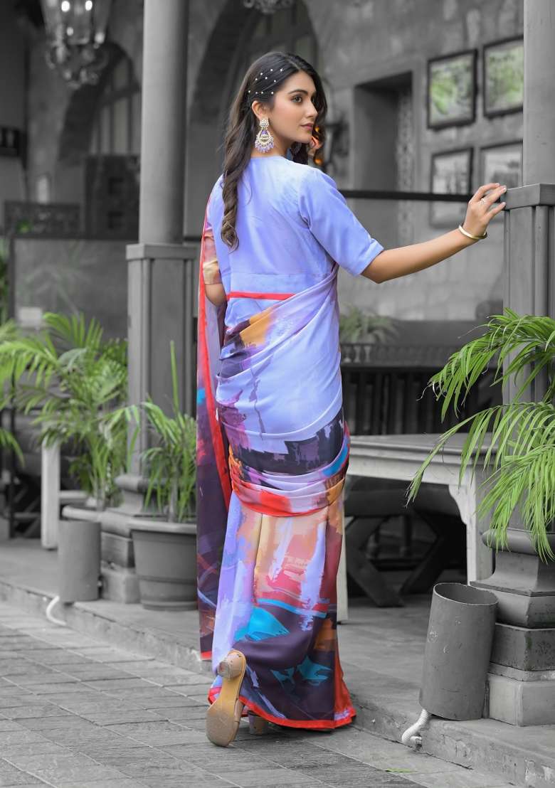 Multicolor Abstract Print Georgette Saree Set - Indya