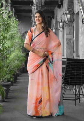 Peach Abstract Print Georgette Saree Set