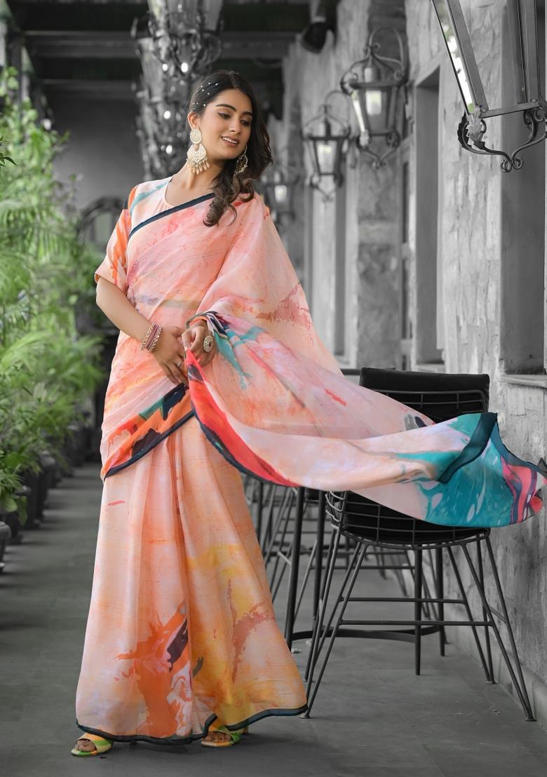 Peach Abstract Print Georgette Saree Set