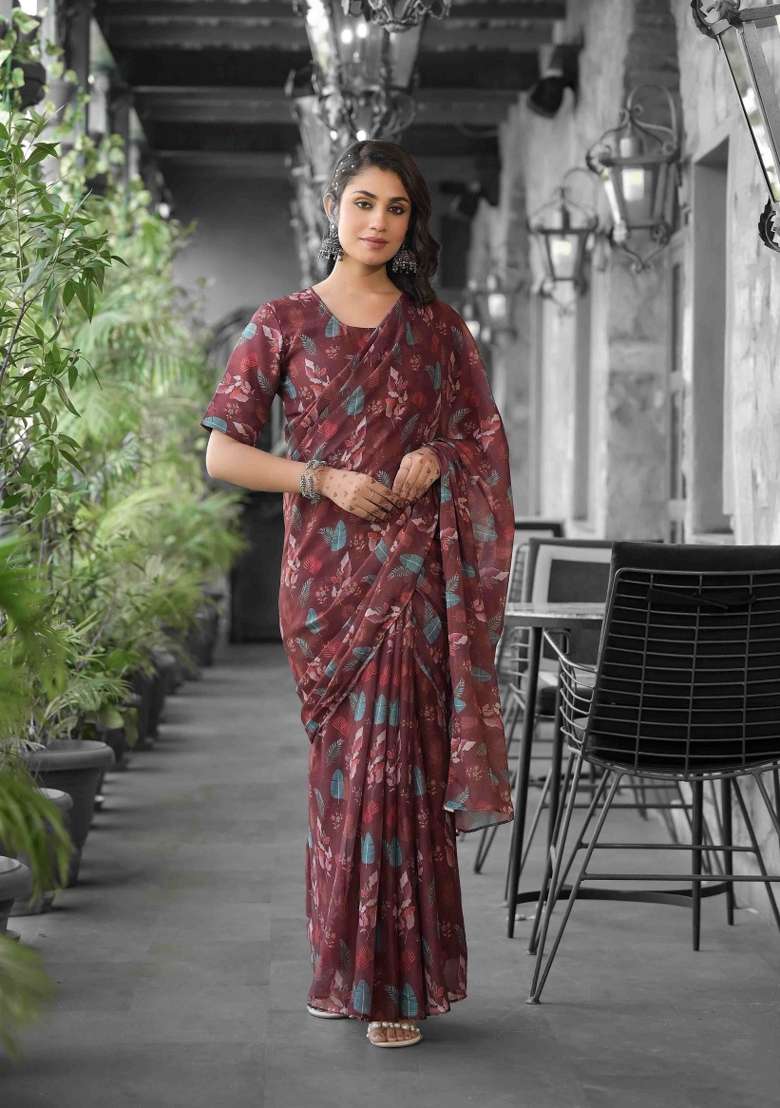 Brown Abstract Print Georgette Saree Set - Indya