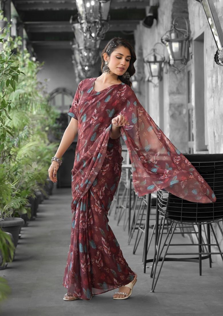 Brown Abstract Print Georgette Saree Set