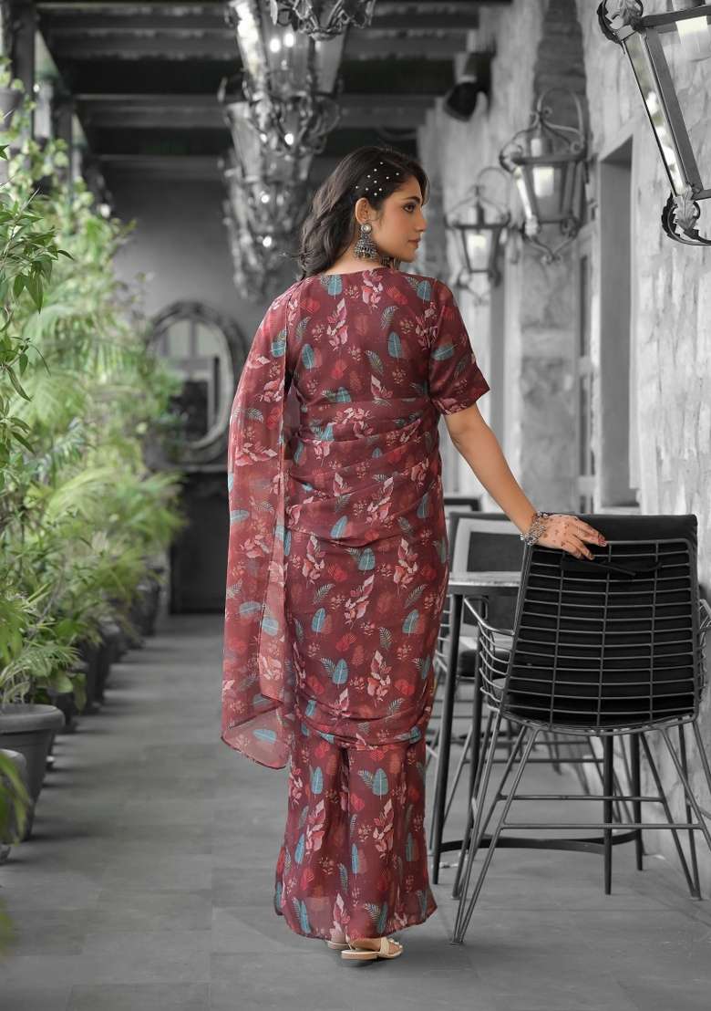 Brown Abstract Print Georgette Saree Set - Indya