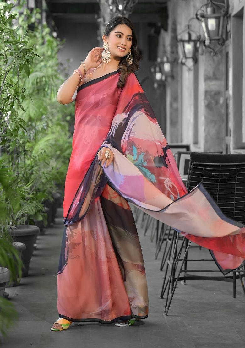 Multicolor Abstract Print Georgette Saree Set