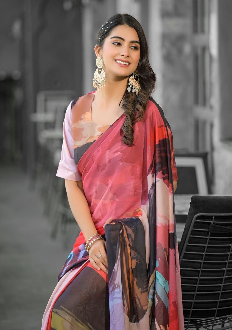 Multicolor Abstract Print Georgette Saree Set