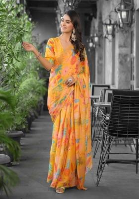 Orange Abstract Print Georgette Saree Set