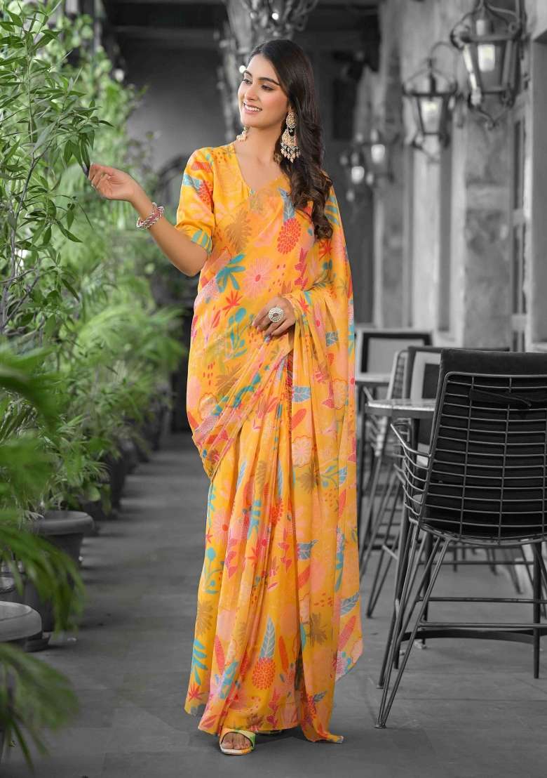 Orange Abstract Print Georgette Saree Set - Indya