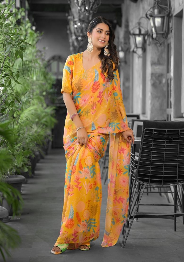 Orange Abstract Print Georgette Saree Set