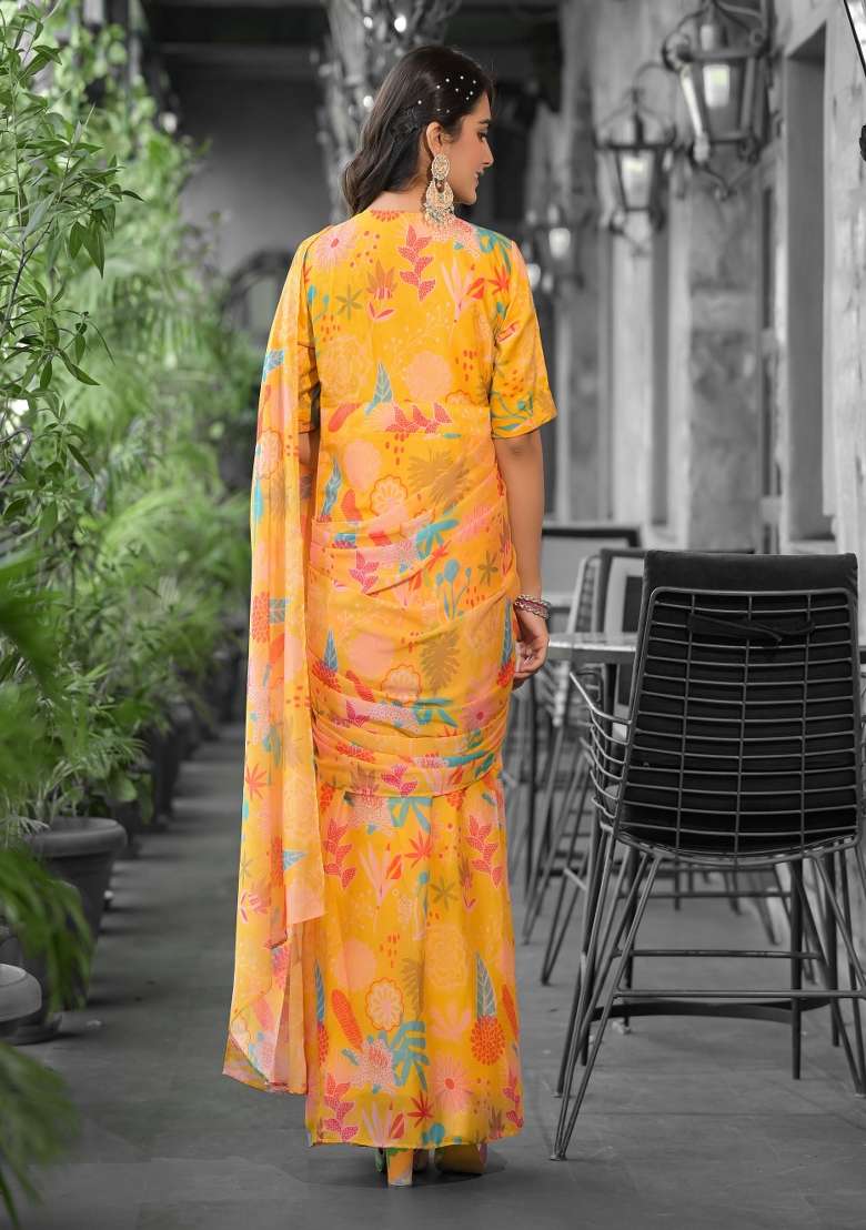 Orange Abstract Print Georgette Saree Set - Indya