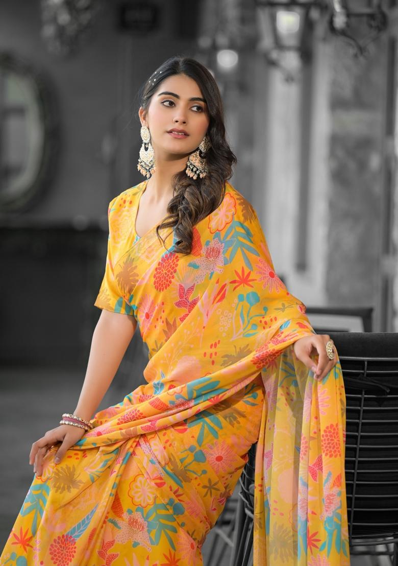 Orange Abstract Print Georgette Saree Set
