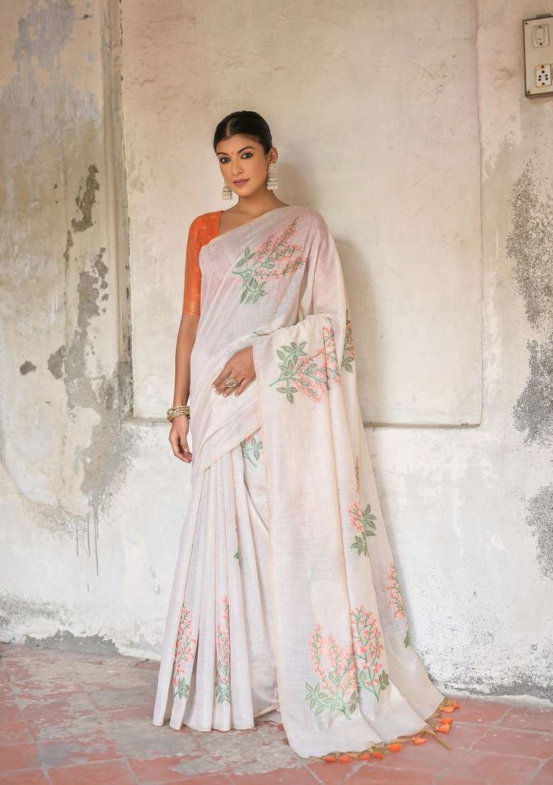 Orange Resham Work Cotton Blend Saree Set for Diwali and Festive Wear - Indya