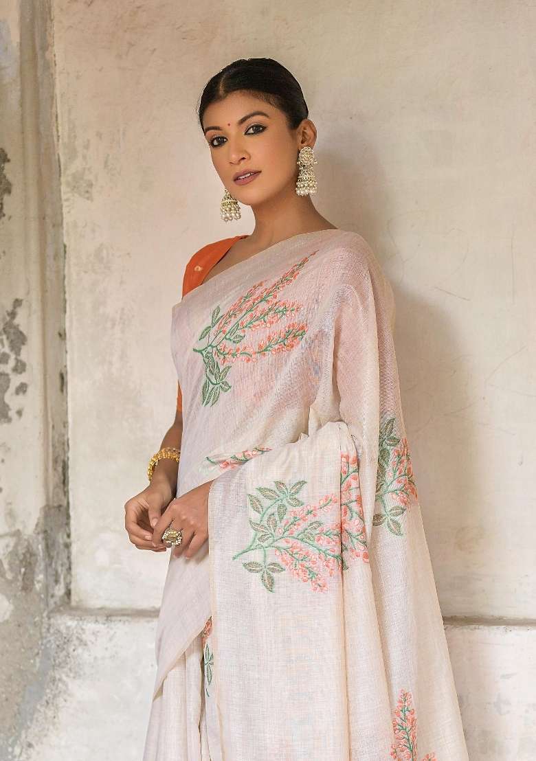 Orange Resham Work Cotton Blend Saree Set for Diwali and Festive Wear - Indya