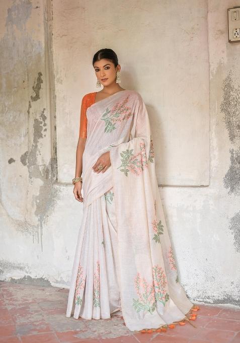 Orange Resham Work Cotton Blend Saree Set