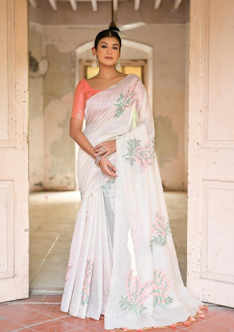 Peach Resham Work Cotton Blend Saree Set