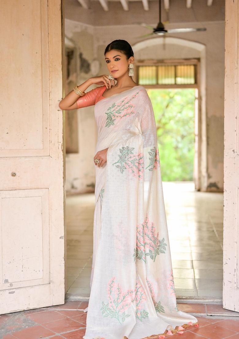 Peach Resham Work Cotton Blend Saree Set