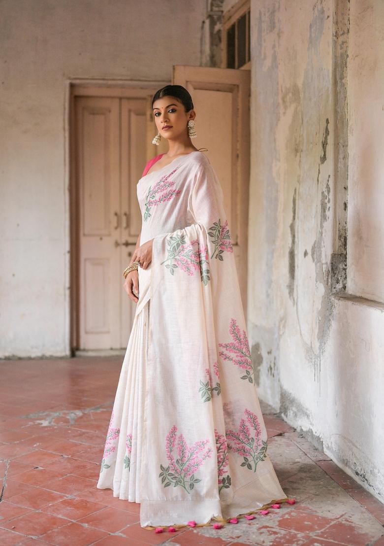 Pink Resham Work Cotton Blend Saree Set