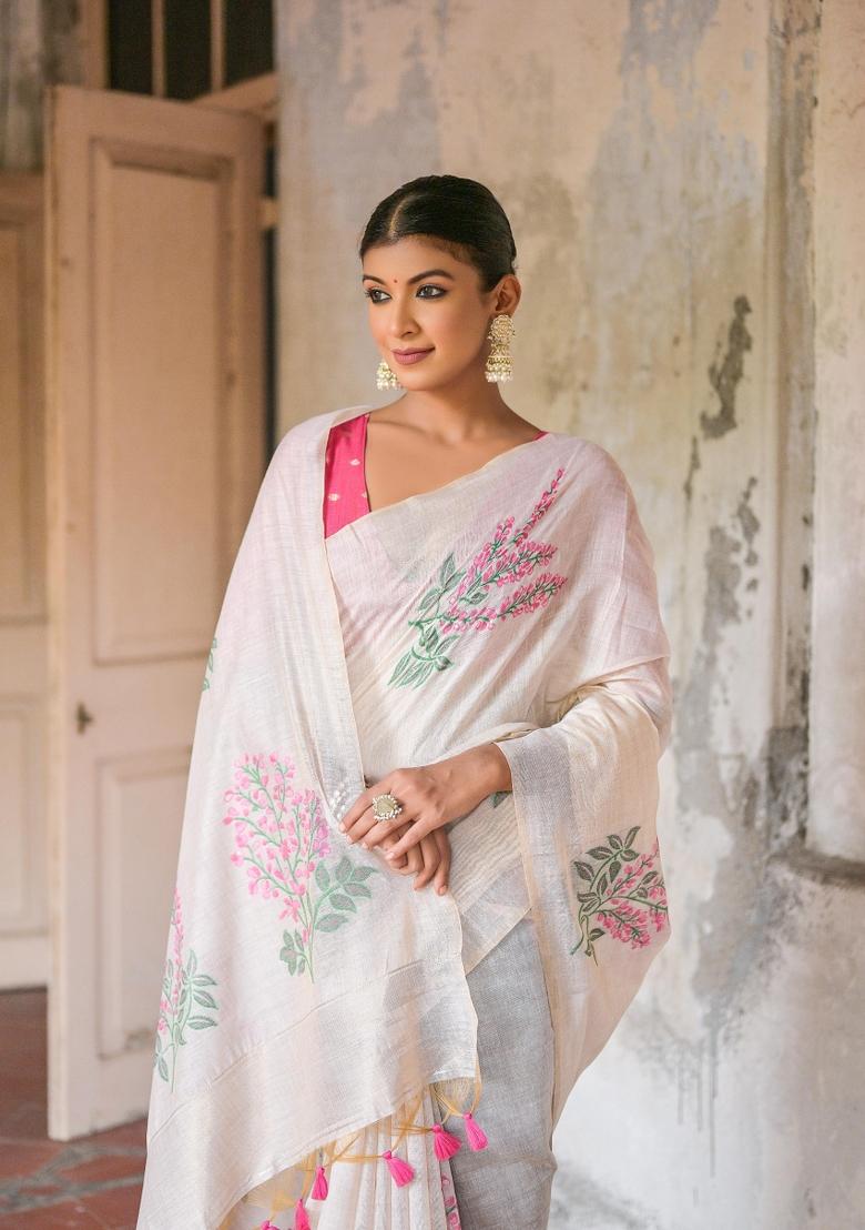 Pink Resham Work Cotton Blend Saree Set