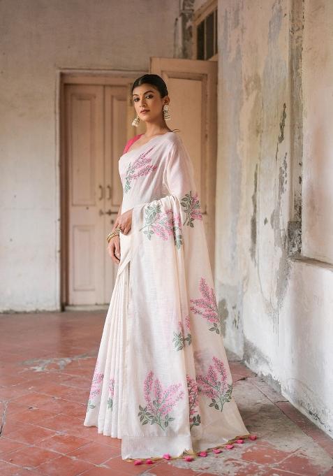 Pink Resham Work Cotton Blend Saree Set