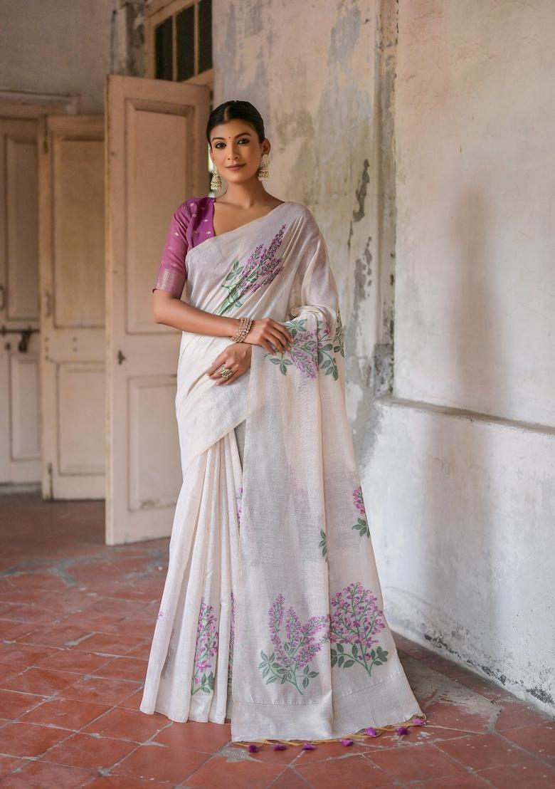 Maroon Resham Work Cotton Blend Saree Set