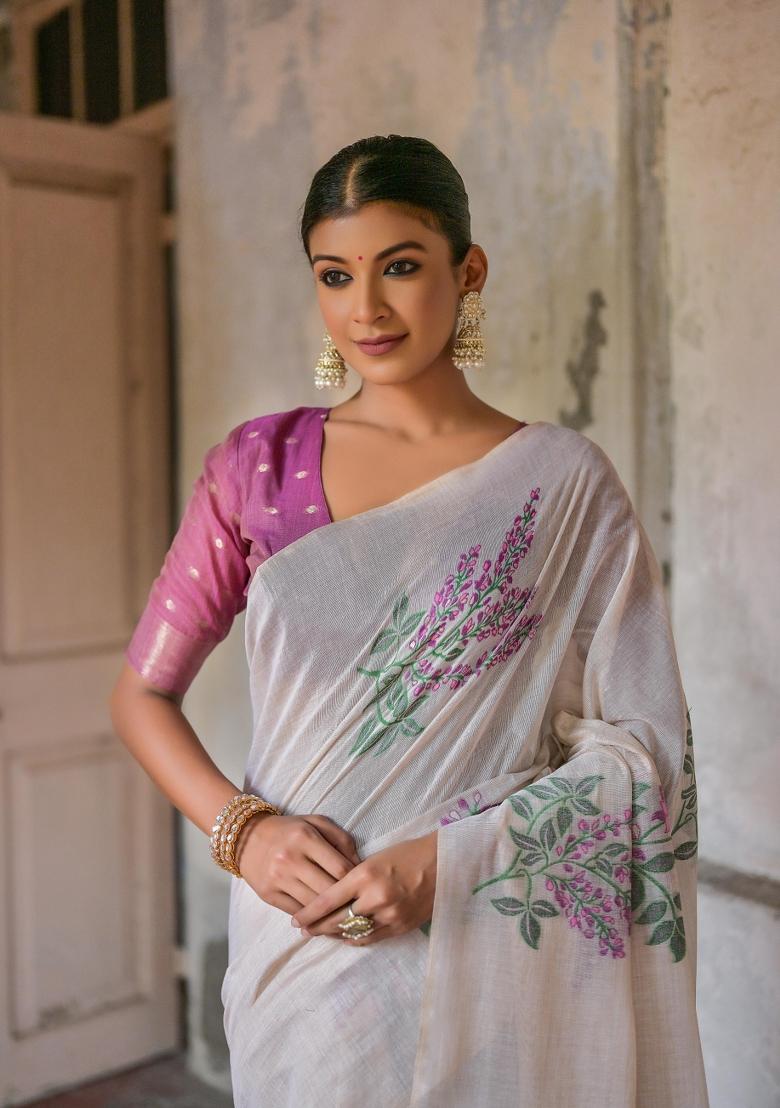 Maroon Resham Work Cotton Blend Saree Set