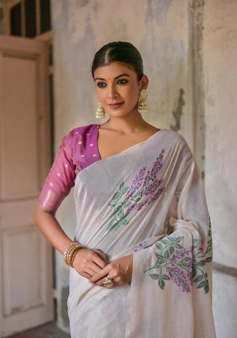 Maroon Resham Work Cotton Blend Saree Set