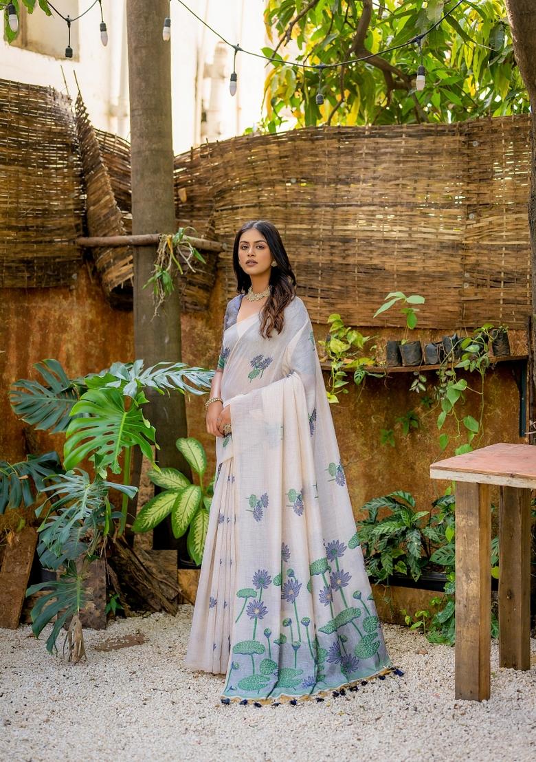 Blue Resham Work Cotton Blend Saree Set