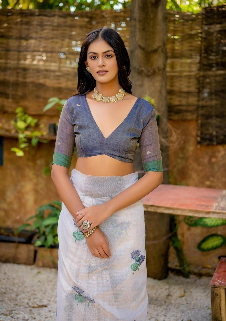 Blue Resham Work Cotton Blend Saree Set