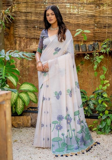 Blue Resham Work Cotton Blend Saree Set