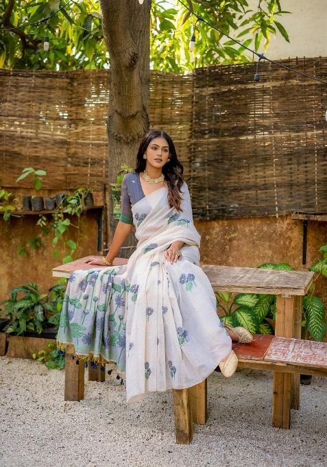 Blue Resham Work Cotton Blend Saree Set