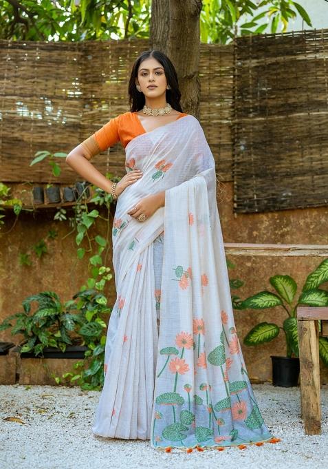 Orange Resham Work Cotton Blend Saree Set