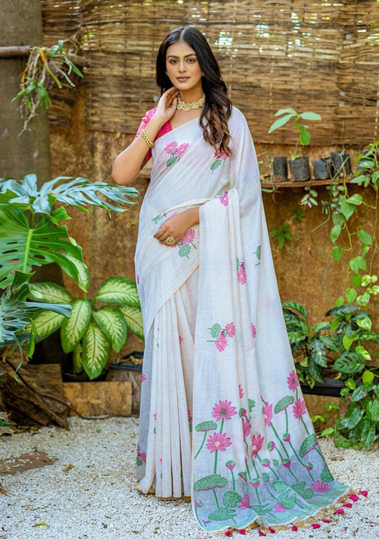 Pink Resham Work Cotton Blend Saree Set