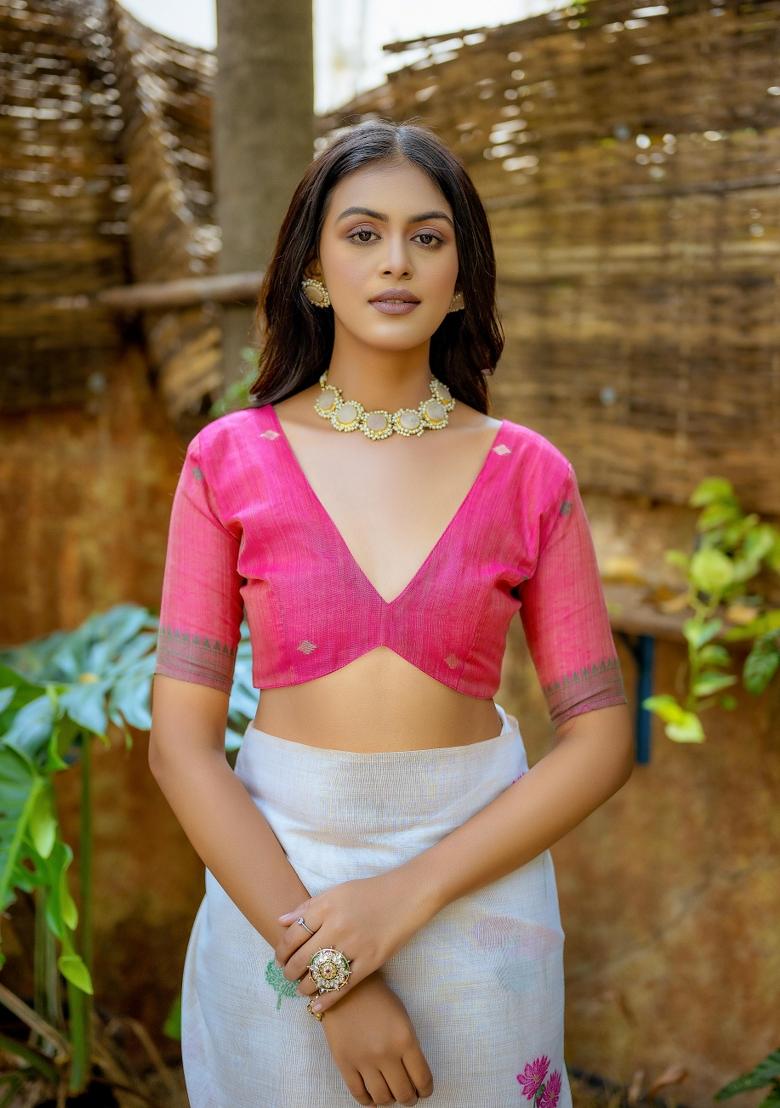 Pink Resham Work Cotton Blend Saree Set