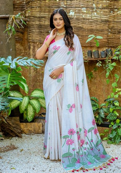 Pink Resham Work Cotton Blend Saree Set