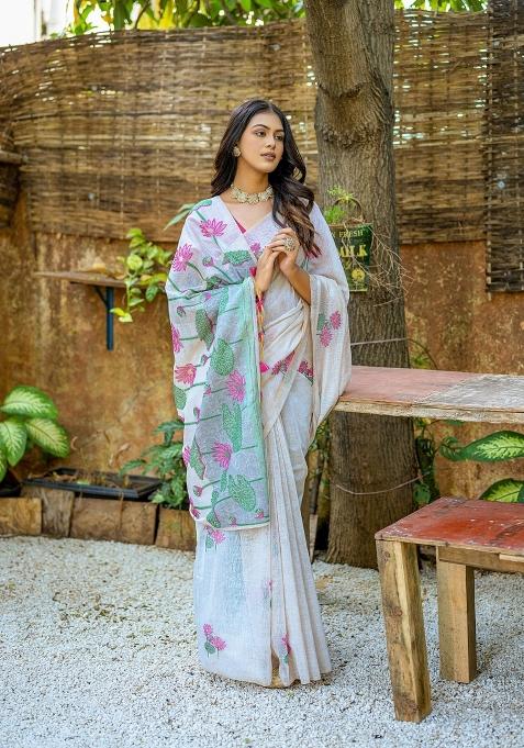 Pink Resham Work Cotton Blend Saree Set