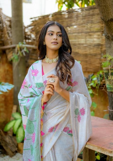 Pink Resham Work Cotton Blend Saree Set