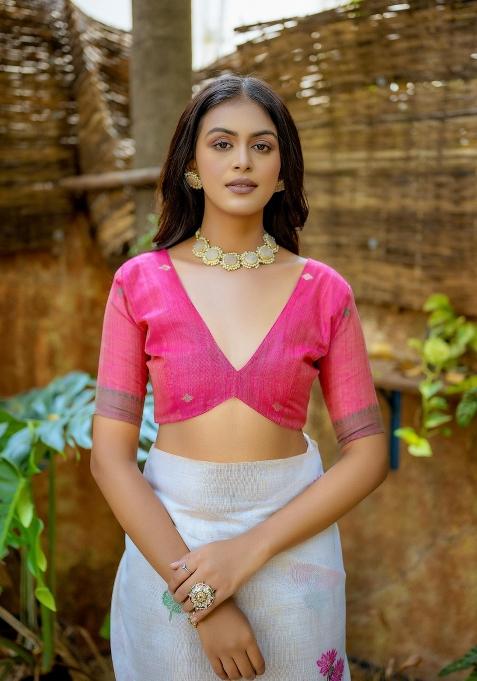 Pink Resham Work Cotton Blend Saree Set