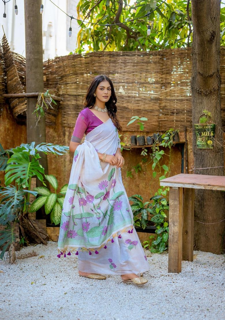 Purple Resham Work Cotton Blend Saree Set