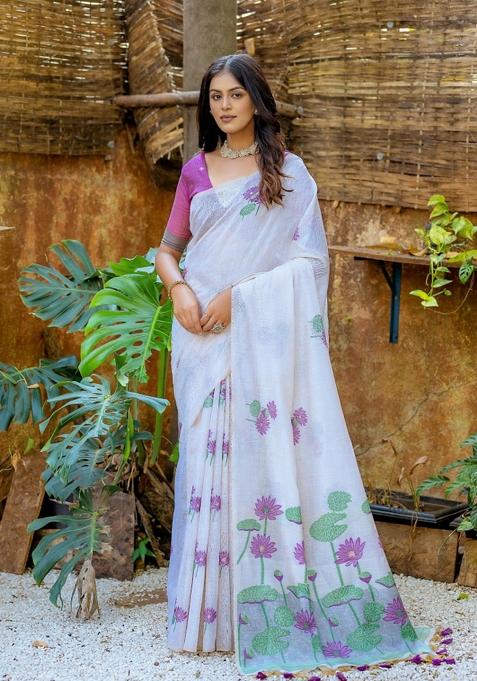Purple Resham Work Cotton Blend Saree Set
