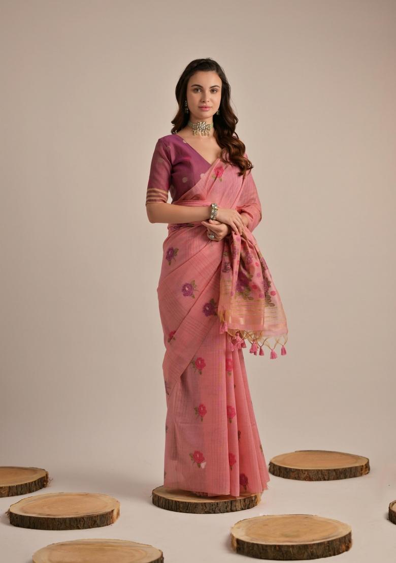 Maroon Resham Work Cotton Blend Saree Set