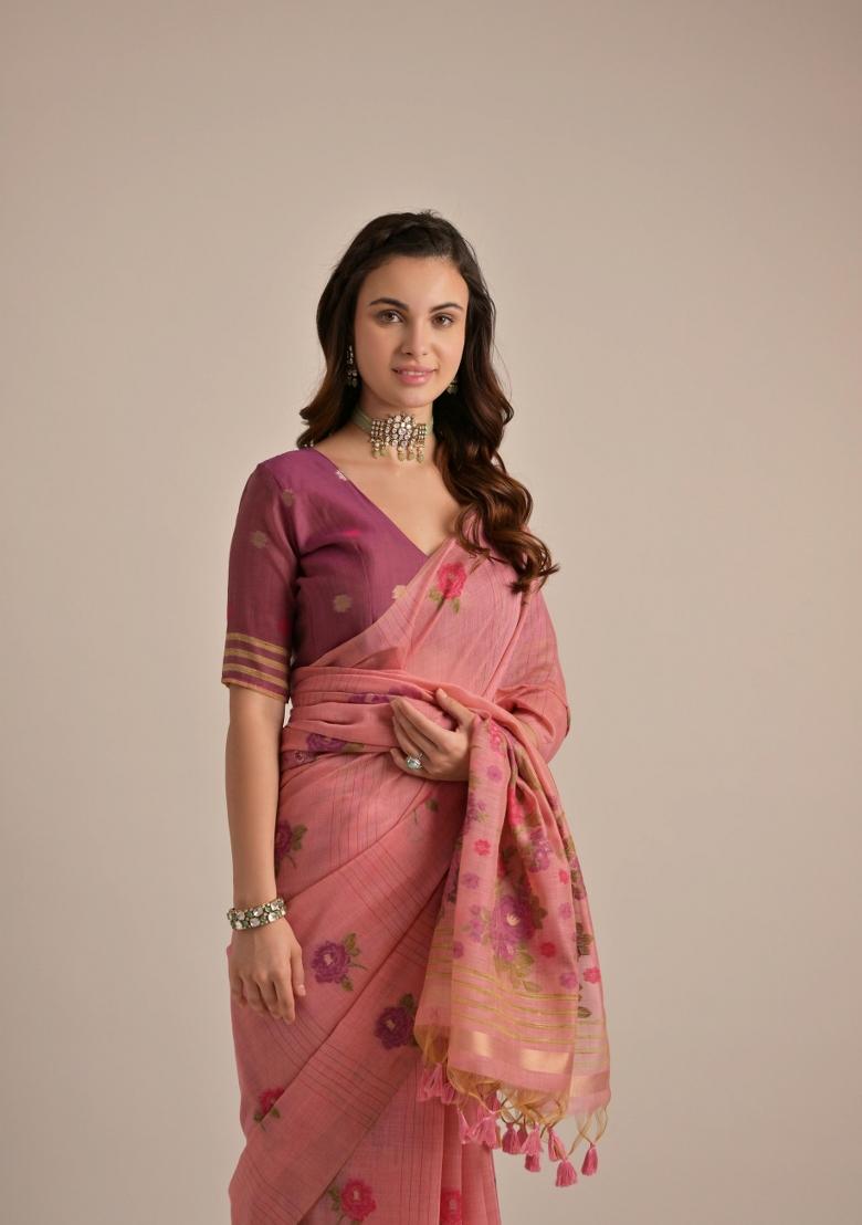 Maroon Resham Work Cotton Blend Saree Set