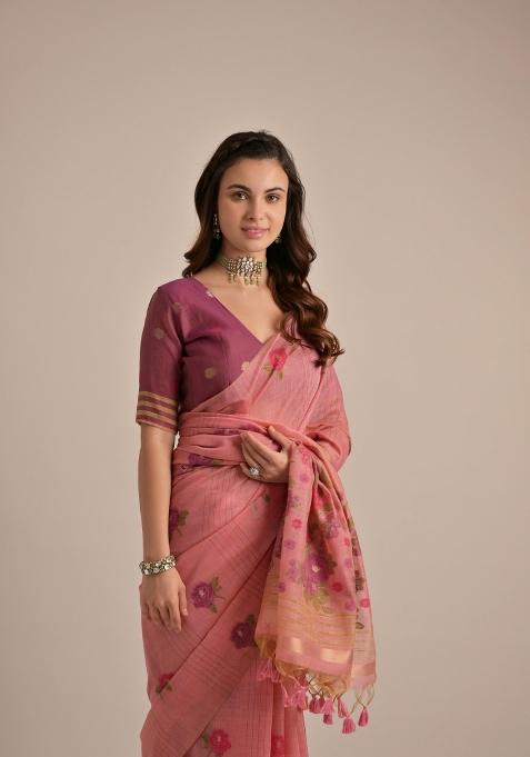 Maroon Resham Work Cotton Blend Saree Set