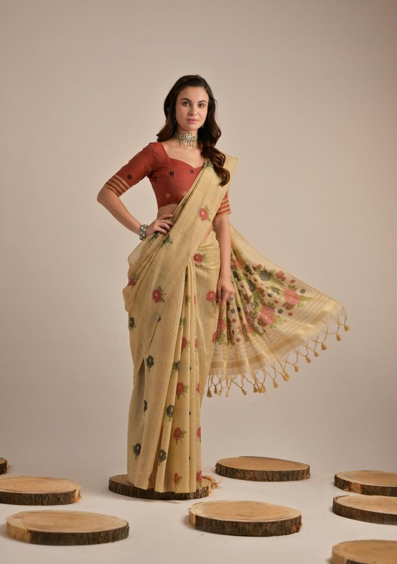 Brown Resham Work Cotton Blend Saree Set