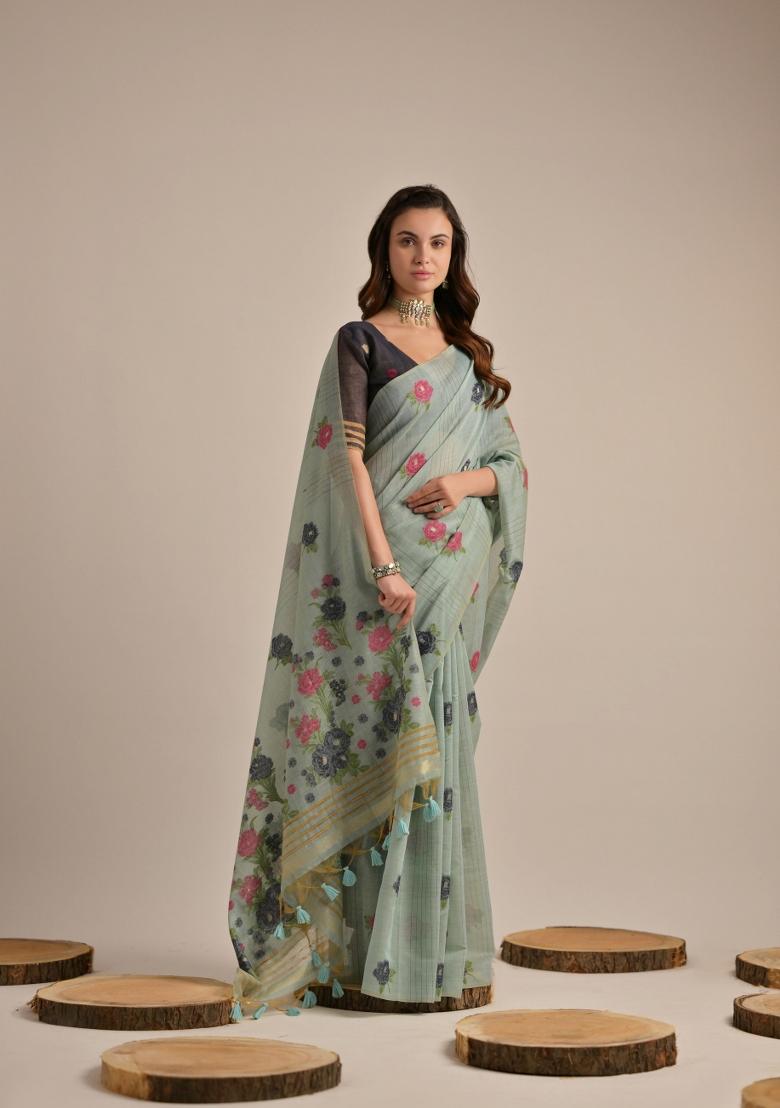 Black Resham Work Cotton Blend Saree Set