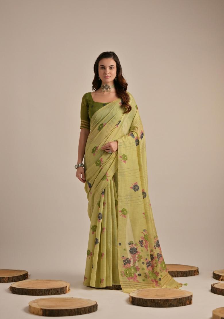 Green Resham Work Cotton Blend Saree Set